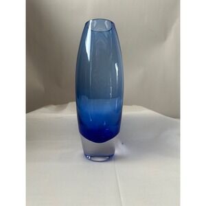 Sommerso Art Glass Vase Blue and Crystal Clear 10 Inch Tall Hand Blown Oval